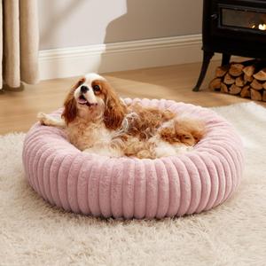 Bedsure ComfyFleece Donut Medium Dog Bed - Washable Faux Fur with Corduroy Fleece & Anti Slip Bottom, Round Pet Bed with Removable Cover, Blush Pink, 30x30x8 inches