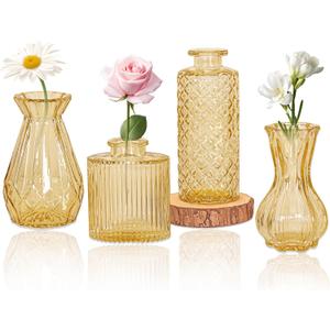 Set of 4 Glass Bud Vase Set, Small Vintage Clear Flower Vase Centerpieces for Table Bulk Cute Rustic Style Mini Vase for Home Decor Wedding Baby Shower Birthday Party(Champagne)