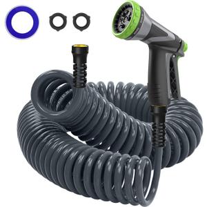 Coil Hose,3/8" EVA Coil Garden Hose 25 FT,Curly Water Hose Lightweight with Metal Connectors and Swivel Handle,Retractable Garden Hose Includes 8-Pattern Spray Nozzle for Boat, Yard, Patio