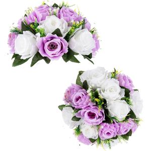 BLOSMON Lilac Purple Flowers Artificial: 2 Pcs Fake Roses Flower Balls Centerpiece for Wedding Table Decoration- Artificial Silk Kissing Bouquet Floral Arrangement for Home Party Event Decor (Lilac&white)