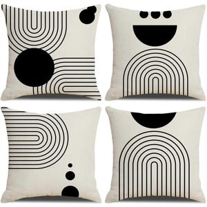 IcosaMro Boho Pillow Covers 18x18 Set of 4, Mid Century Black and White Modern Geometric Cotton Linen Throw Pillow Case Decorative Cushion Cover with Zipper for Outdoor Indoor, Arch Sun