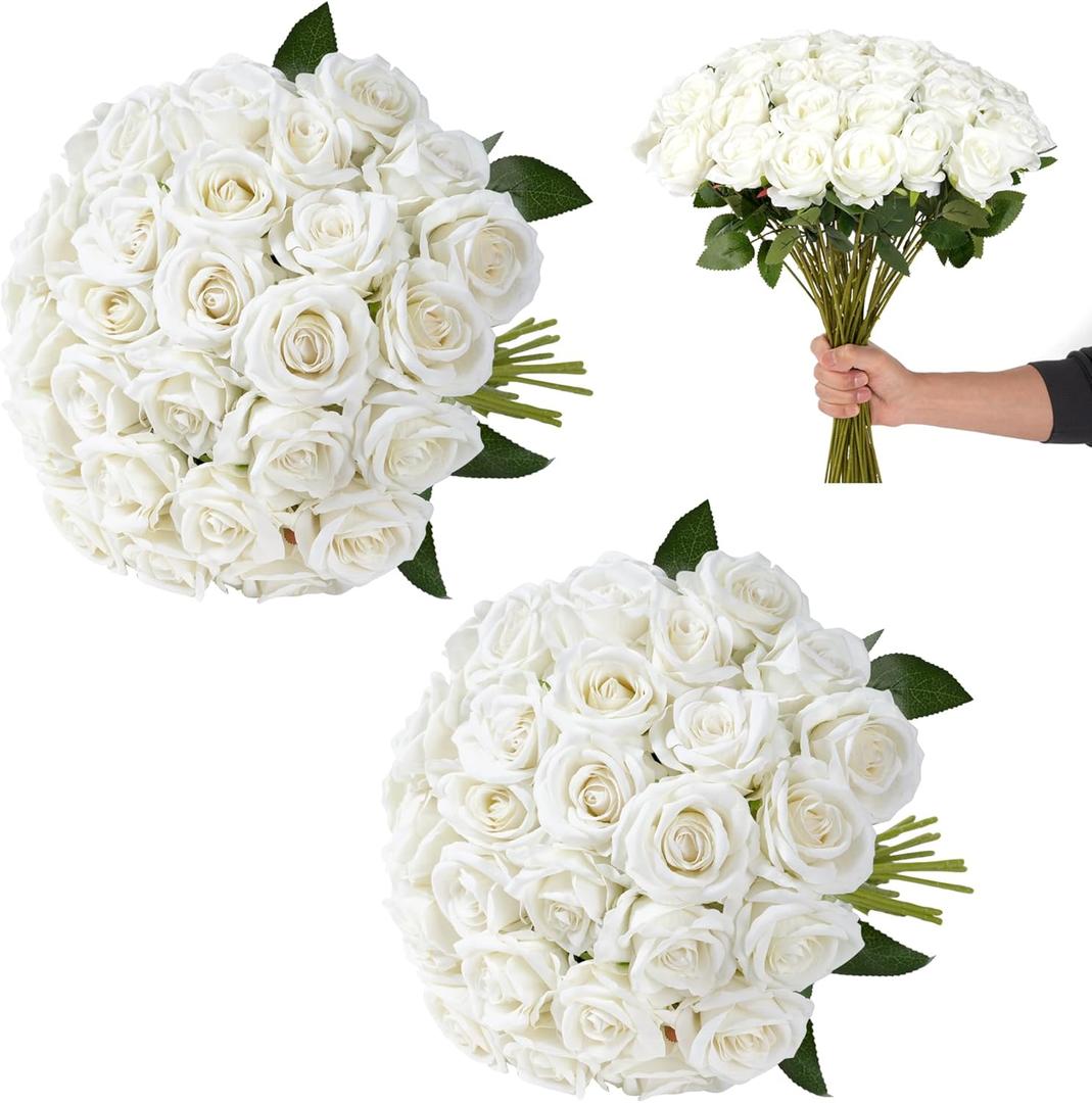 White Roses Artificial Flowers Bulk, 32Pcs Fake Roses Artificial Velvet Roses with Stems, DIY Silk Flowers Roses Bouquet, Realistic Faux Artificial Roses for Mother's Day Home Table Decor