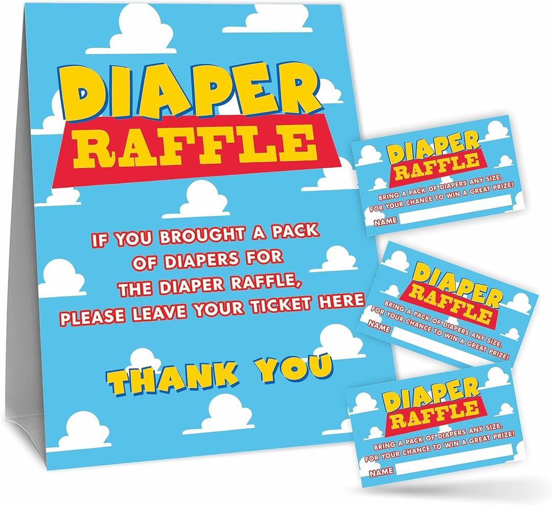 Diaper Raffle Game Kit For Baby Shower(1 Standing Sign + 50 Tickets) - Blue Sky & Cloud Theme - Gender Reveal, Baby Announcement Party Supplies & Decoration - B15