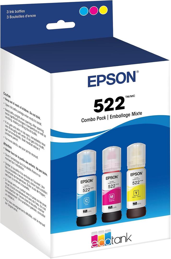 EPSON 522 EcoTank Ink Ultra-high Capacity Bottle Color Combo Pack (T522520-S) Works with ET-2720, 2800, 2803, 2840, 4700, 4800, 4810