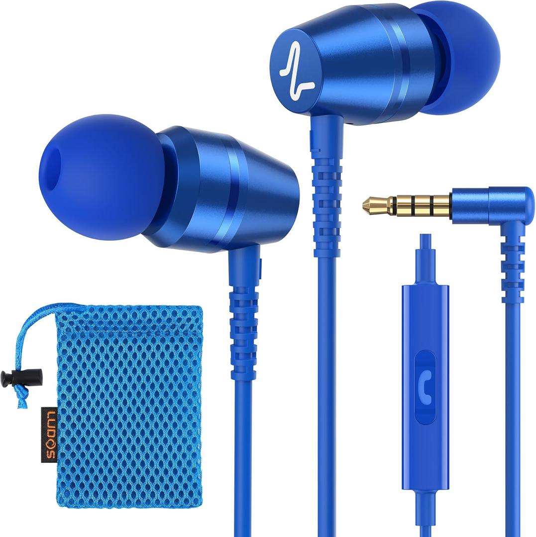 LUDOS OMNITONE Wired Earbuds in-Ear Headphones, Earphones with Microphone, 3.5 mm Jack Corded Ear Buds, Videoconference for iPhone, Samsung, Laptop, Kids, School Students - Blue
