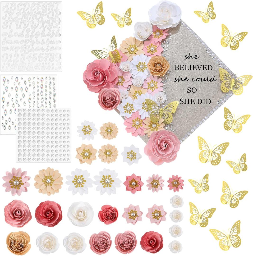 43 Pcs Graduation Cap Decorations Kit Includes Artificial Flowers Faux Flower Heads 3D Butterfly Stickers Pearl Rhinestones Glitter Stickers for Grad Cap Topper DIY Graduation Gift(Pink)