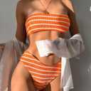 ZAFUL Women Strapless Ribbed High Cut Bandeau Bikini Lace Up 2 Pieces Swimwear (Orange, S)