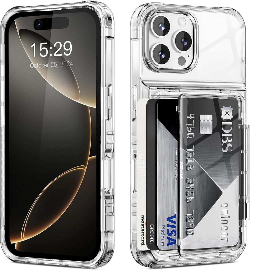 for iPhone 16 Pro Max Case Wallet Clear Protective Phone Case with Credit Card Holder Heavy Duty Protection Shockproof Anti-Scratch Anti-Yellow Cover for iPhone 16 Pro Max 6.9 inch Transparent