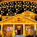 131 FT 1280 LED Christmas Lights Outdoor Decorations Super Long Clear Wire String Lights Plug in 240 Drops 8 Modes Memory Timer Curtain Fairy Lights Waterproof for Holiday Wedding Party-Warm White