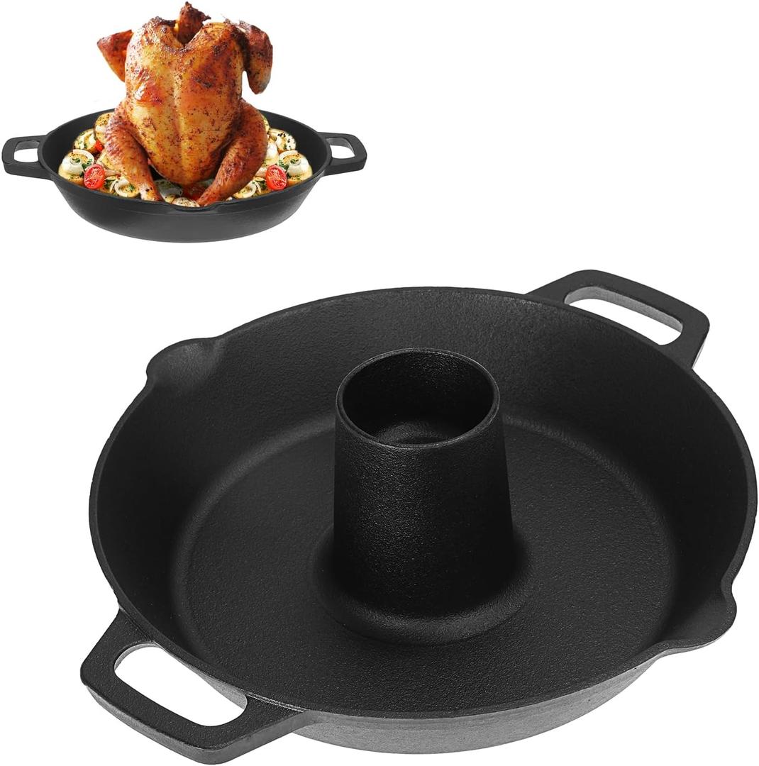 Cast Iron Chicken Roaster, Vertical Beer Can Chicken Holder with Drip Pan, Pre-Seasoned Poultry Roaster for Grill, Cast Iron Roast Turkey Stand, Roasting Pan & BBQ Grilling Accessories