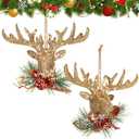 Roowest 2 Pcs Christmas Reindeer Head Ornament Glitter Holiday Deer Decor with Red Bow Statue Artificial Champagne Gold Glittered Reindeer Head Ornaments Hanging Tree Decorations