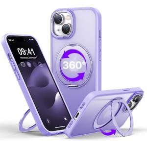 QTlier case for iPhone 14, 360 Rotatable Ring Stand, Raised Camera Frame, Shockproof with MagSafe Lilac