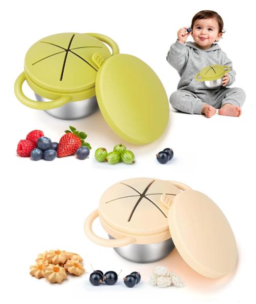 Elk and Friends Stainless Steel Snack Cups | Removable Silicone Food Catcher and Travel Lid | Spill-Proof Snack Containers for Baby, Toddler, Kids | Dishwasher Safe | 2 Pack 