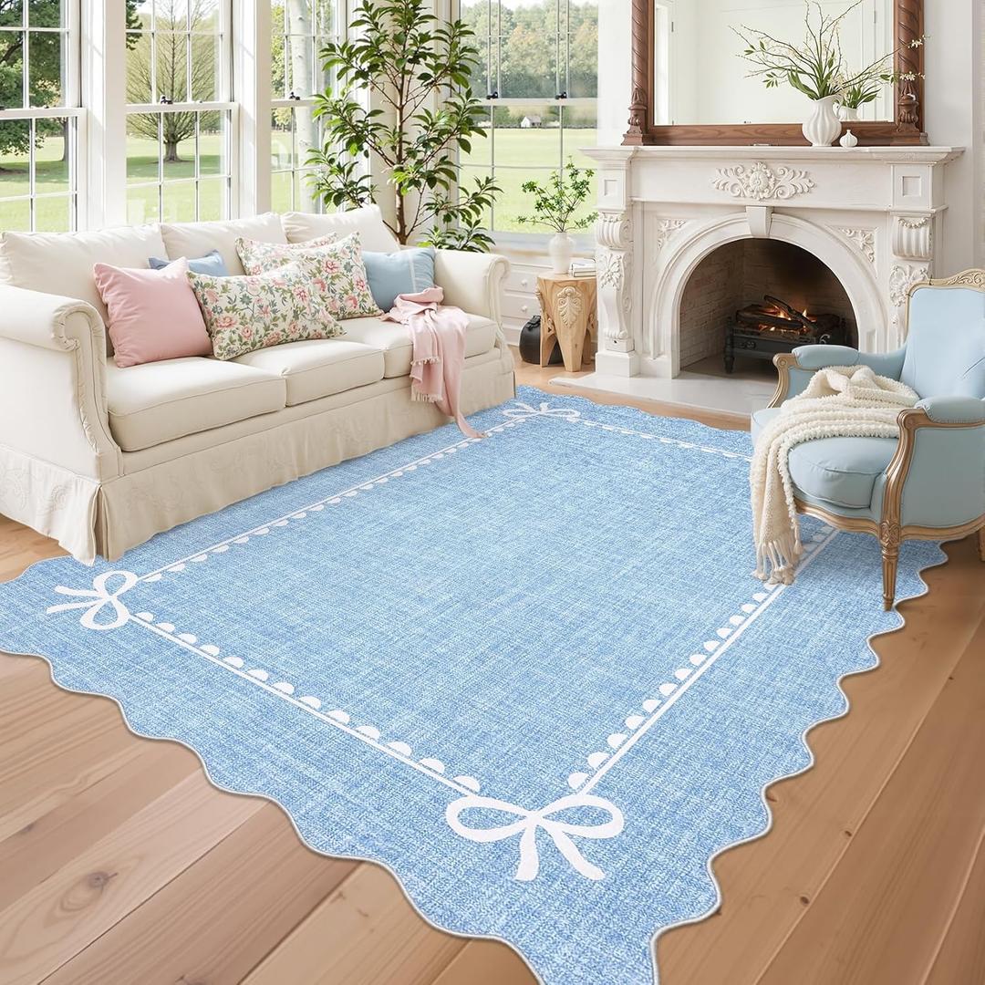 GarveeHome Scalloped Bow Rug for Living Room, Solid Blue Rug for Dorm, Washable Rugs 9x12 Soft Low Pile Non Slip Scalloped Rugs for Nursery College Bedroom Decor Kids Room Playroom