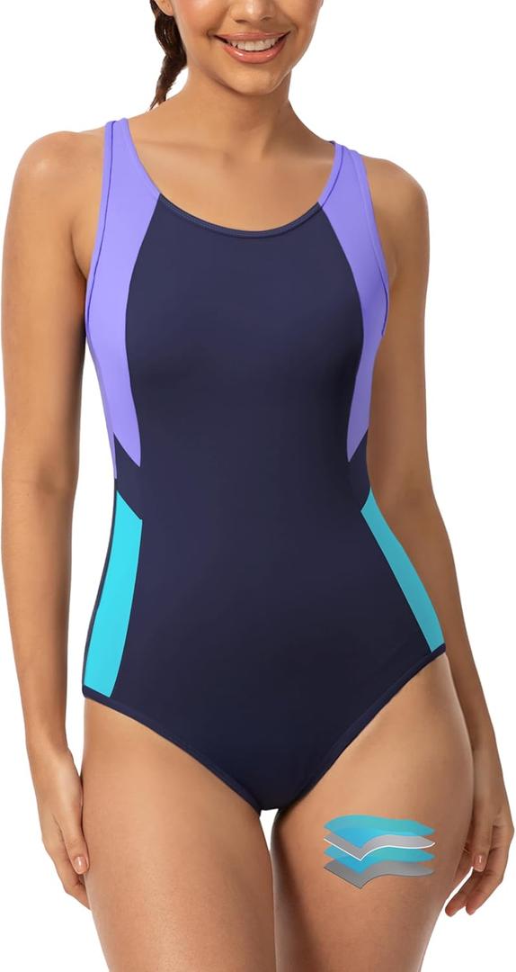 Beautikini Period Swimwear Women's One Piece Menstrual Leakproof Racerback Swimsuit Color Block Bathing Suit for Teens Girls (Navy Blue/Purple/Blue, XS)