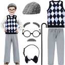 Liitrsh 8 Pcs Old Man Costume for Kids Grandpa Costume 100 Days of School Halloween Vest and Pants for Boys (5-7 Years, Blue Grey Plaid)
