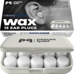 Peace&Quiet PQ Wax Ear Plugs for Sleeping, Swimming - 15 Soft Noise Cancelling Silicone Gel Wax Earplugs for Sleep and Swimmers, Ear Protection with Sound Blocking Level of 32 Db, (15-Pillows) (Classic)