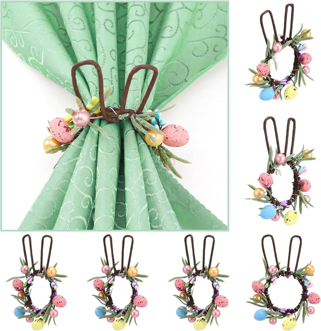 WILLBOND 6 Set Easter Napkin Rings Bunny Wreath Napkin Rings with Handmade Wicker Bunny Ear Easter Eggs Flowers and Leaves Festive Table Decorations for Spring Dinner Parties