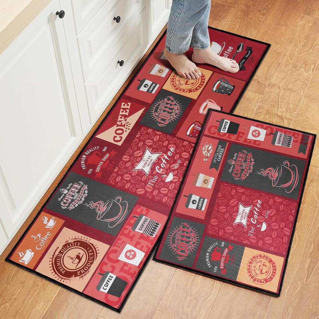 2 Piece Coffee Kitchen Rugs Set,Non Skid Washable Kitchen Mats for Floor,Kitchen Sink Runners Home Decor Essentialss(Coffee)