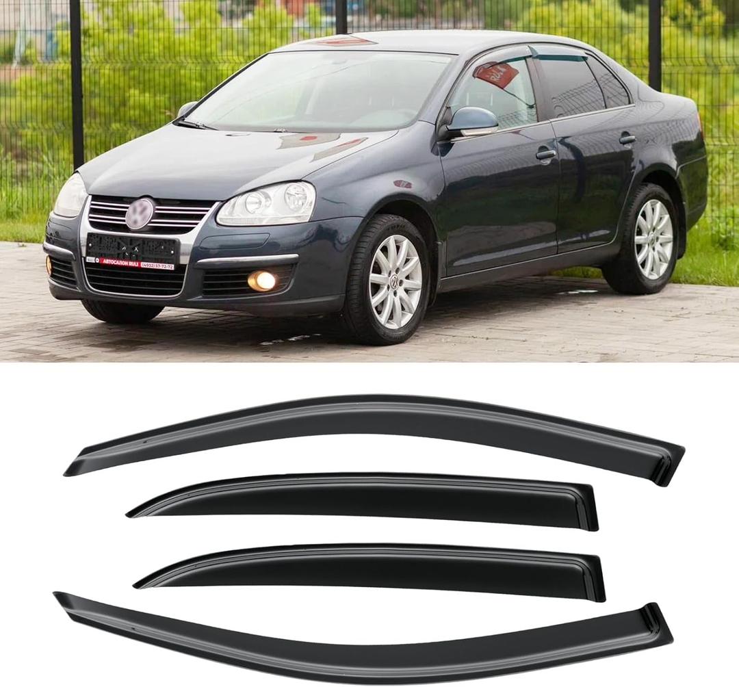 Rain Guards for Volkswagen VW Jetta Sedan 2006-2010, Out-Channel Window Visor Shields Vent Deflector Shade Wind Dark Smoke 2007 2008 2009 06 07 08 09 10, Tape-On Outside-Mount, 4PCS