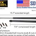 2 Truck Upfitters 16" Gas Props (15.7" Extended, 9.4" Compressed, 45 pounds of Pressure ea) for are, ATC, Snugtop, Leer Camper Shell/Truck Cap Rear Door. Measurement Required! Incl 4 Ball mounts!