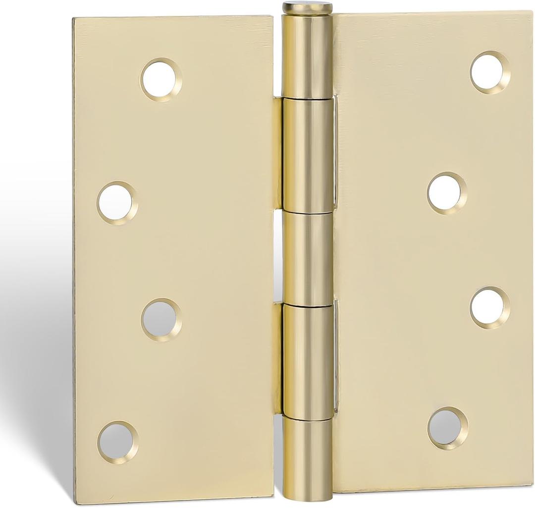 goldenwarm Pack of 3 4in Door Hinges Brushed Brass Gold Door Hinges Butt Hinges with Square Corners, Interior Door Hardware