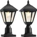 Solar Lamp Post Lights 2 Pack, 3000K Dusk to Dawn Solar Post Lights with Pier Mount Base, Waterproof Outdoor Post Lantern, Aluminum & Glass Housing for Garden Yard Pole Pillar