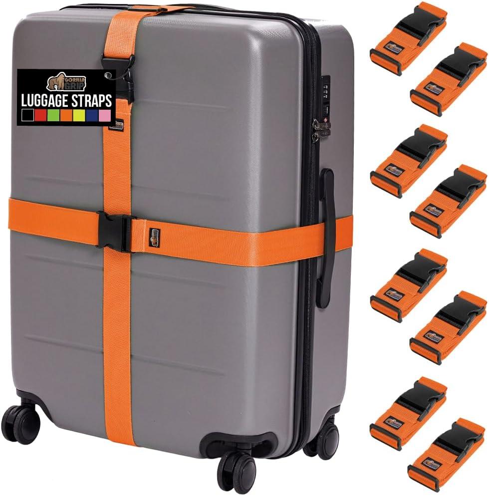 GORILLA GRIP Heavy Duty 8 Pack Adjustable Luggage Straps for Suitcases, Easy to Identify Travel Belt Connector Holds Suitcase Together, Extends Life of Bag, Strap Connects Two Bags, Accessories Orange
