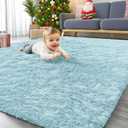 OLANLY Area Rugs for Living Room Bedroom, Machine Washable 4x5.9 ft Soft Fluffy Shaggy Bedside Rug, Indoor Floor Carpet for Kids Girls and Boys, Dorms, Nursery Rooms, Home Decor Aesthetic, Light Blue