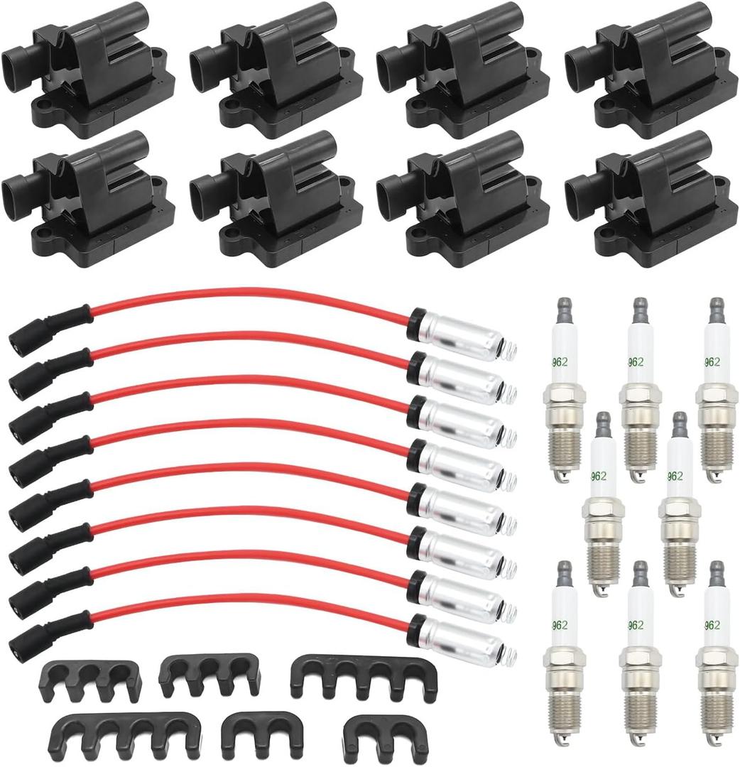 Set of 8 Black Square Ignition Coils + Platinum Spark Plugs and Red Wires Replacement for Chevrolet Chevy GMC Savana 1500 2500 3500 Sierra 4.8L 5.3L 6.0L Replace UF271 748EE 12558693 12570553
