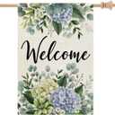 2 x CROWNED BEAUTY Spring House Flag Hydrangea Eucalyptus Double Sided 28x40 Inches Large Burlap Welcome Holiday Seasonal Yard Decoration for Outside Porch