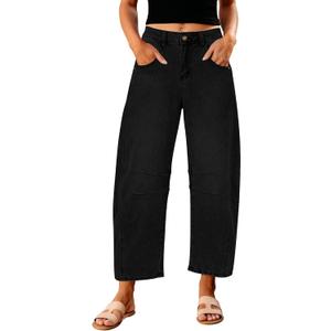 GRAPENT Barrel Jeans for Women Trendy High Waisted Wide Leg Baggy Cropped Relax Fit Stretch Denim Trouser Ankle Pants (Large, True Black)