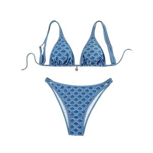 SweatyRocks Women's Bathing Suits Floral Print Triangle Bikini Set Spaghetti Straps Two Piece Swimsuits Floral Blue Small