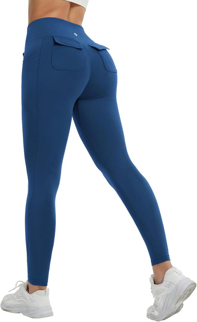 baleaf Workout Leggings for Women with Pockets Drawstring Tummy Control Scrunch Butt 7/8 Ankle Petite Yoga Pants Running (Blue, L)