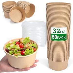 DUIBAOCHUN 50 Pcs 32 Oz disposable meal prep containers，paper bowls with lids，disposable soup bowls，soup bowls disposable hot/cold，disposable salad bowls with lids，