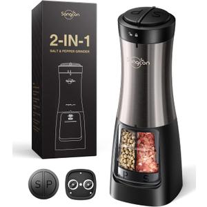 Sangcon 2 in 1 Electric Salt and Pepper Grinder Set Shaker - Automatic Salt and Pepper Grinder Mill Dual Combo, Battery Powered One-Handed Operation Refillable with Light Adjustable Ceramic Grinder