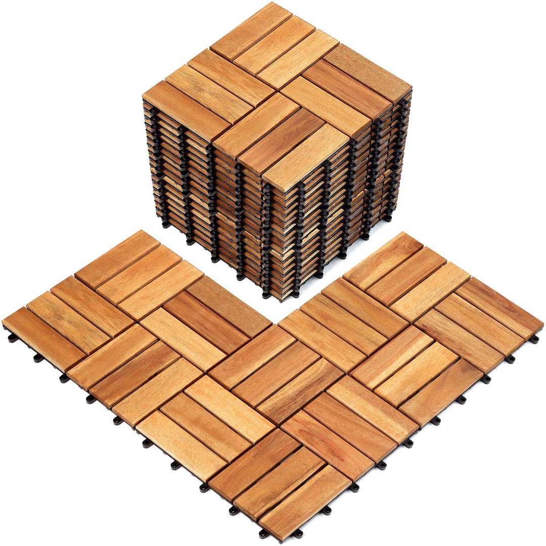 Pack of 20 Patio Deck Tiles, Solid Acacia Wood Floor Tiles, Outdoor Interlocking Waterproof All Weather (12"x12" - 12 Slat, Golden Teak)