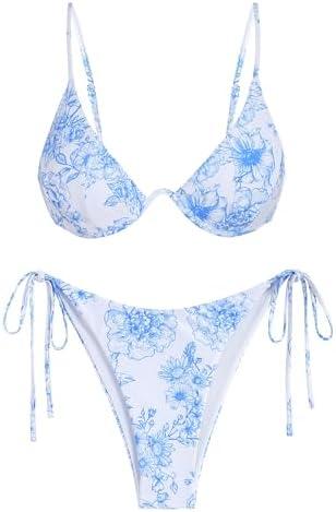 ZAFUL Women's Textured Underwire Bikini Set V Notch High Cut Swimwear Tie Side Ribbed Sexy Swimsuits M