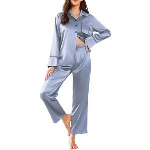 Ekouaer Silk Pajamas for Women Satin Pajama Sets Button Down Lounge Sets Silky Pajama Long Pants Sleepwear with Pockets (Blue, XXL)