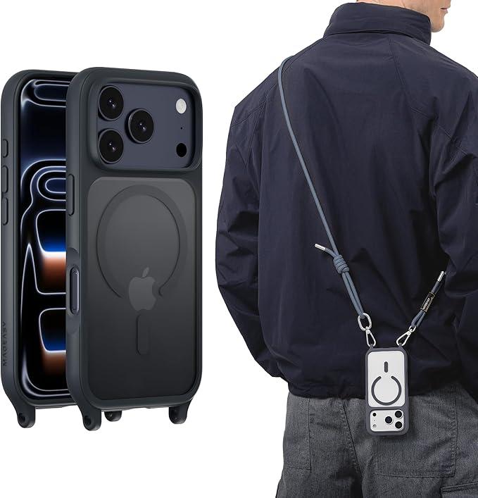 MAGEASY Compatible with iPhone 17 Pro 6.3" Case with Crossbody Strap  16ft Drop Protection, Compatible with MagSafe | Roam M (Midnight)