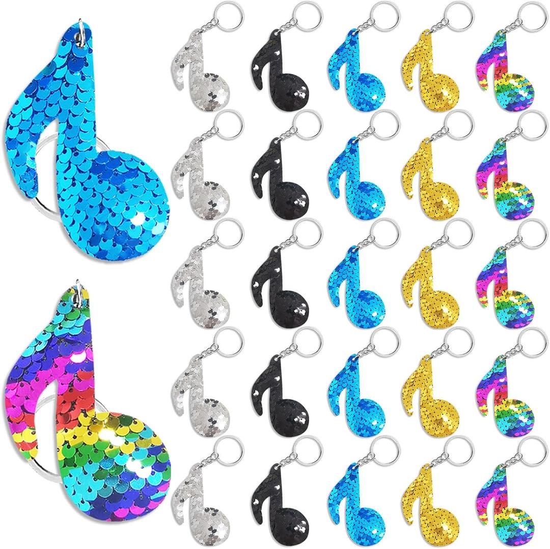 CiciBear 25 Pack Musical Note Sequin Keychains for Kids and Adults Birthday Gift, Baby Shower, Note Party Favor, 5 Colors