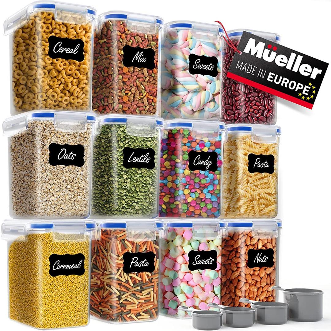 Mueller Airtight Storage Food Container Set with Lids – 12-Piece, Kitchen & Pantry Organization and Storage, Dishwasher, Freezer and Microwave Safe – 12 Labels, 4 Measuring Cups and Marker, White