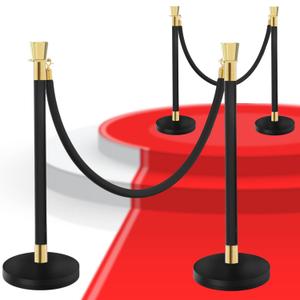 2 PCS Black Stanchions with Black Ropes - Crowd Control Barriers for Events VIP Posts with Velvet Ropes Elegant Stanchion Kit for Parties Red Carpet Poles and Safety Barriers