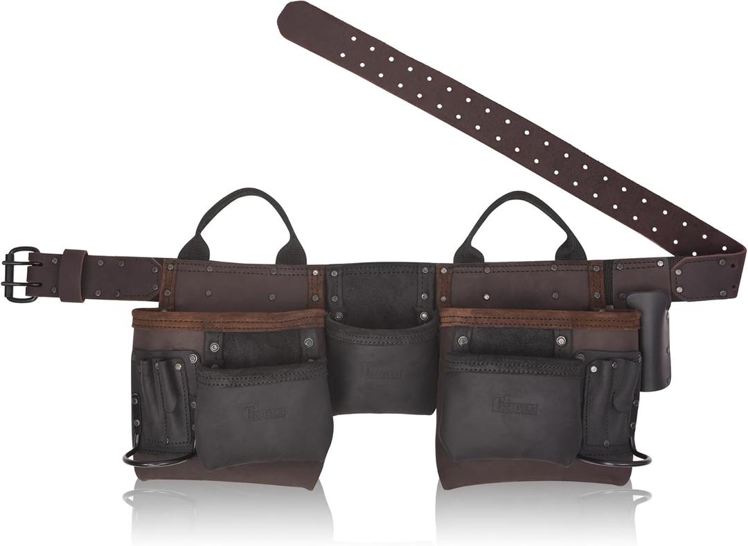 Brown Combine Leather Tool Belt | 11 Pockets Carpenter Tool Bag | Tool Pouch | Handyman | Belts For Men | Drywall Tool Belt | Construction | Framers | Electrician