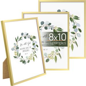 upsimples 8x10 Picture Frame Set of 3, Made of High Definition Glass for 8 x 10, Wall and Tabletop Display Thin Border Photo Frames for Home Decor, Gold