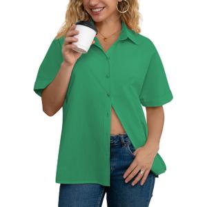 AISEW Womens Cotton Button Down Short Sleeve Shirts Summer Casual Dress Shirt Collared Work Office Blouse (Green, XXL)