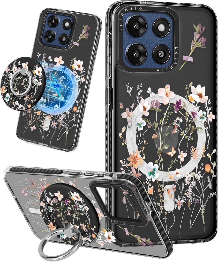 Lotadilo Cute Case for Moto G Stylus 5G 2025 for Women Girls - Funny Dried Flower Design Compatible with Magsafe Ring Holder Magnetic Stand Kickstand Fashion TPU Phone Covers Kawaii