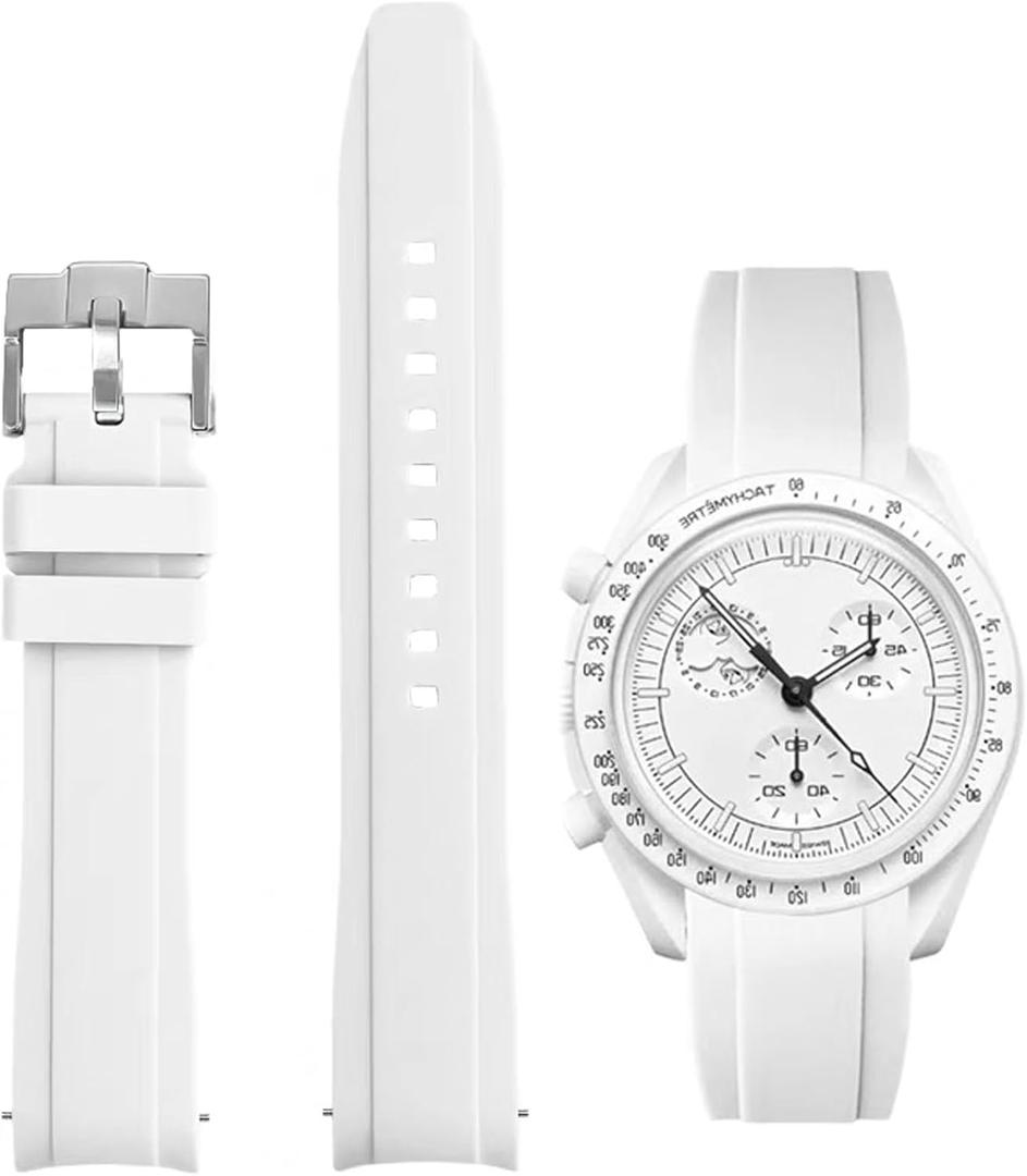 Quick Release Silicone Bands Compatible with Omega X Swatch Moonswatch Watch 20mm Curved No Gap Premium Silicone Rubber Strap Watch Replacement Band Men Women (White)