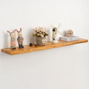 48" Rustic Elm Floating Shelves - Solid Wood Live Edge with Invisible Brackets, Wall Mounted Shelf for Living Room, Kitchen & Bathroom Decor, Natural, Live Edge, 48"L, 1Packs