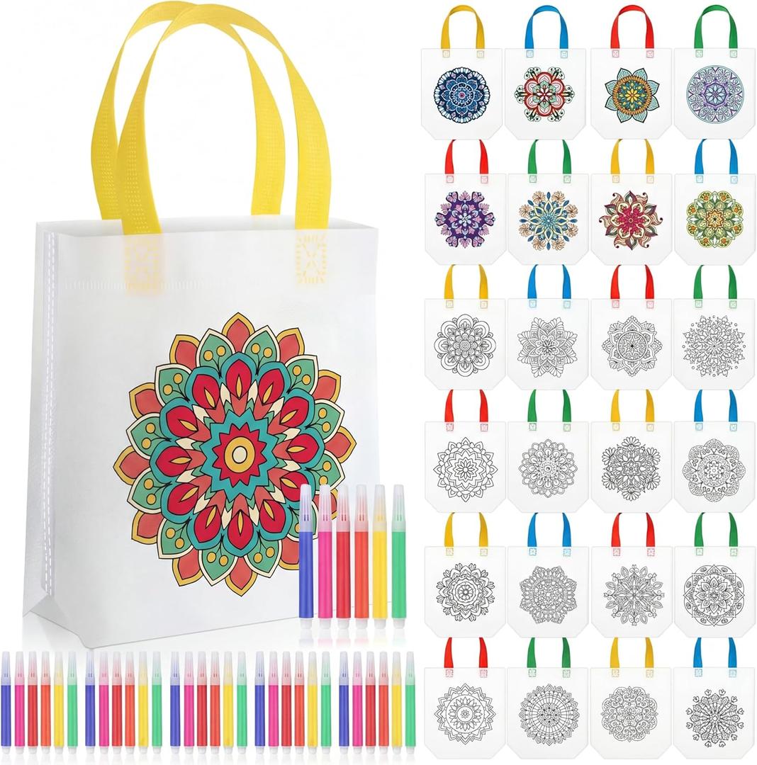 SilTriangle 24 Pieces Mandala Coloring Goodies Bags with 144 Makers Recycle Bags Coloring Gifts Totes Color Your Own Totes for Kids DIY Painting Art Crafts Birthday Party Favors (Flower)